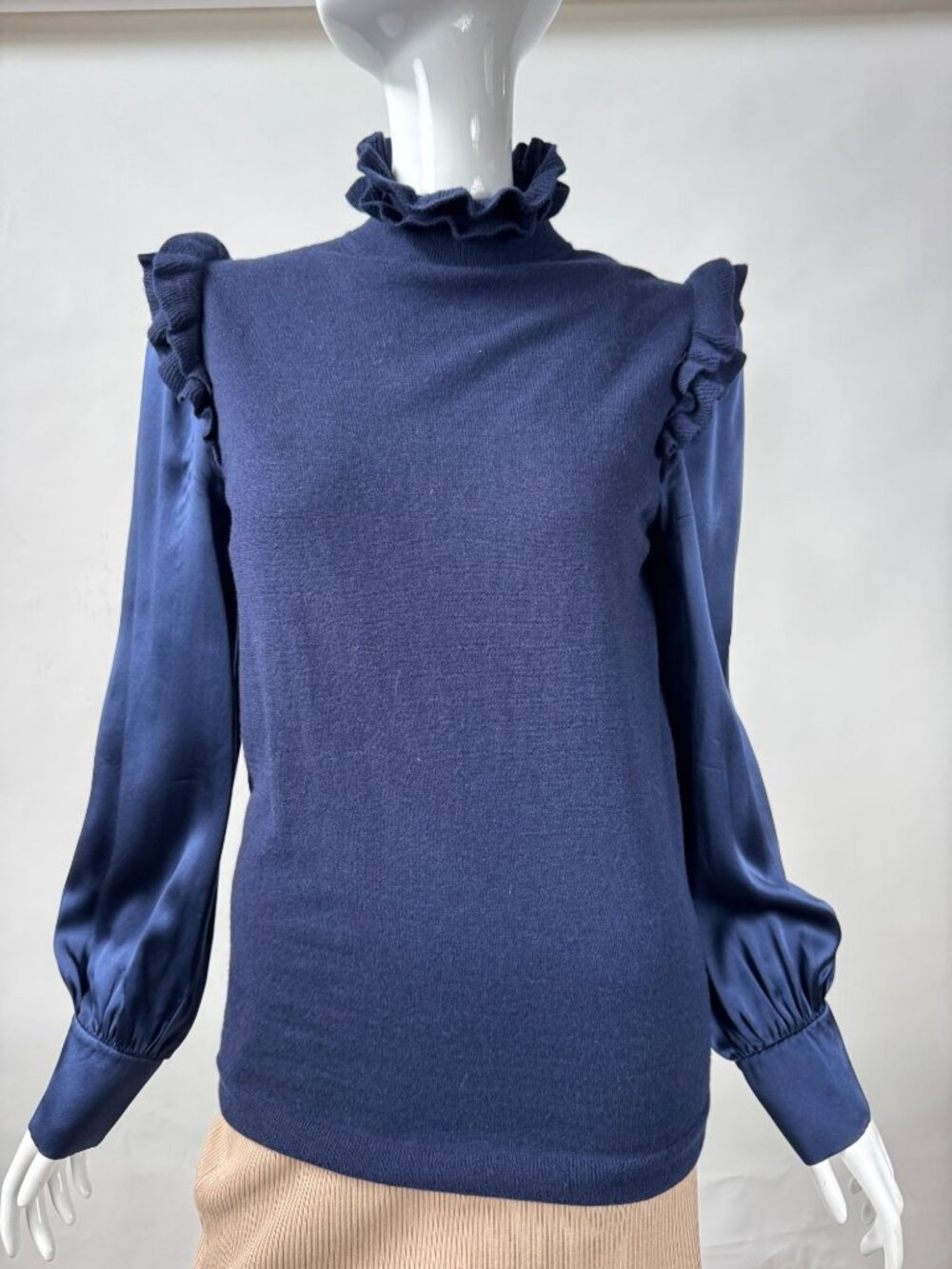 Teija Navy Ruffled Mock Neck Sweater With Silk Satin Sleeves Size 6